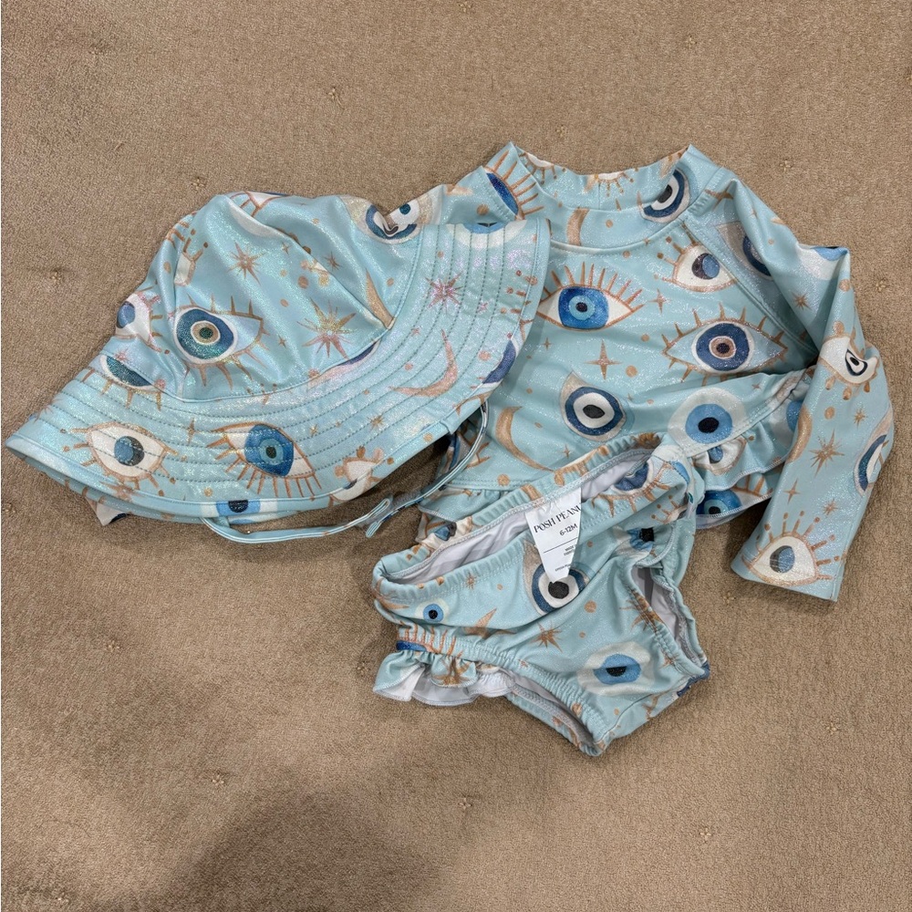 Posh Peanut Light Blue Girls Swim Set with Blue and Gold Eye Print
